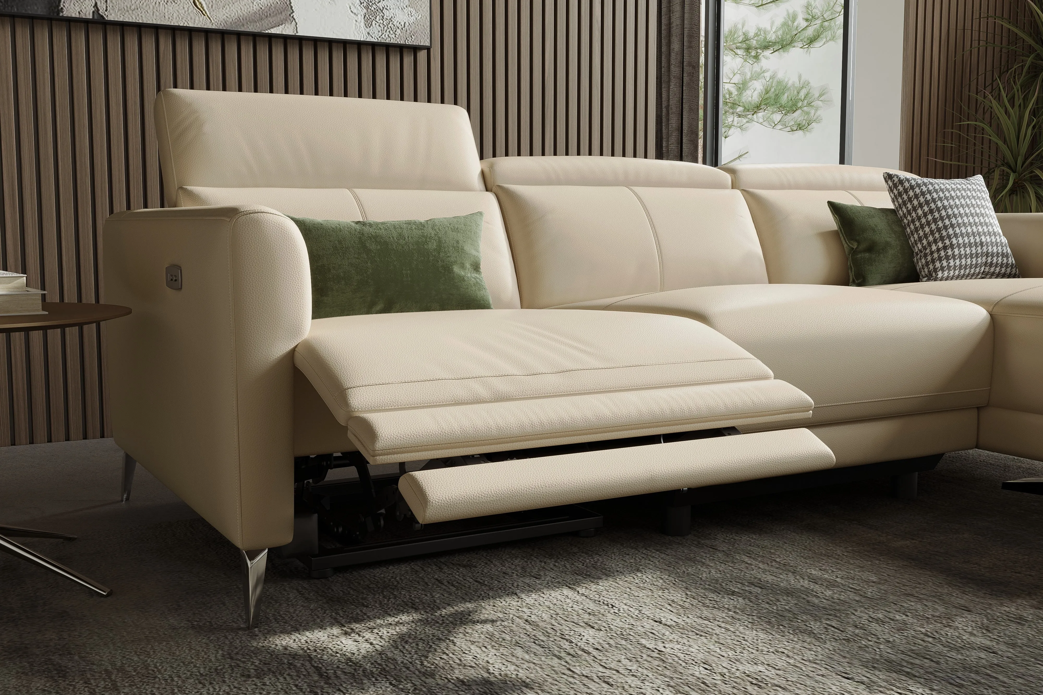 Valencia Andria Modern Right Hand Facing Top Grain Leather Reclining Sectional Sofa, Beige Color