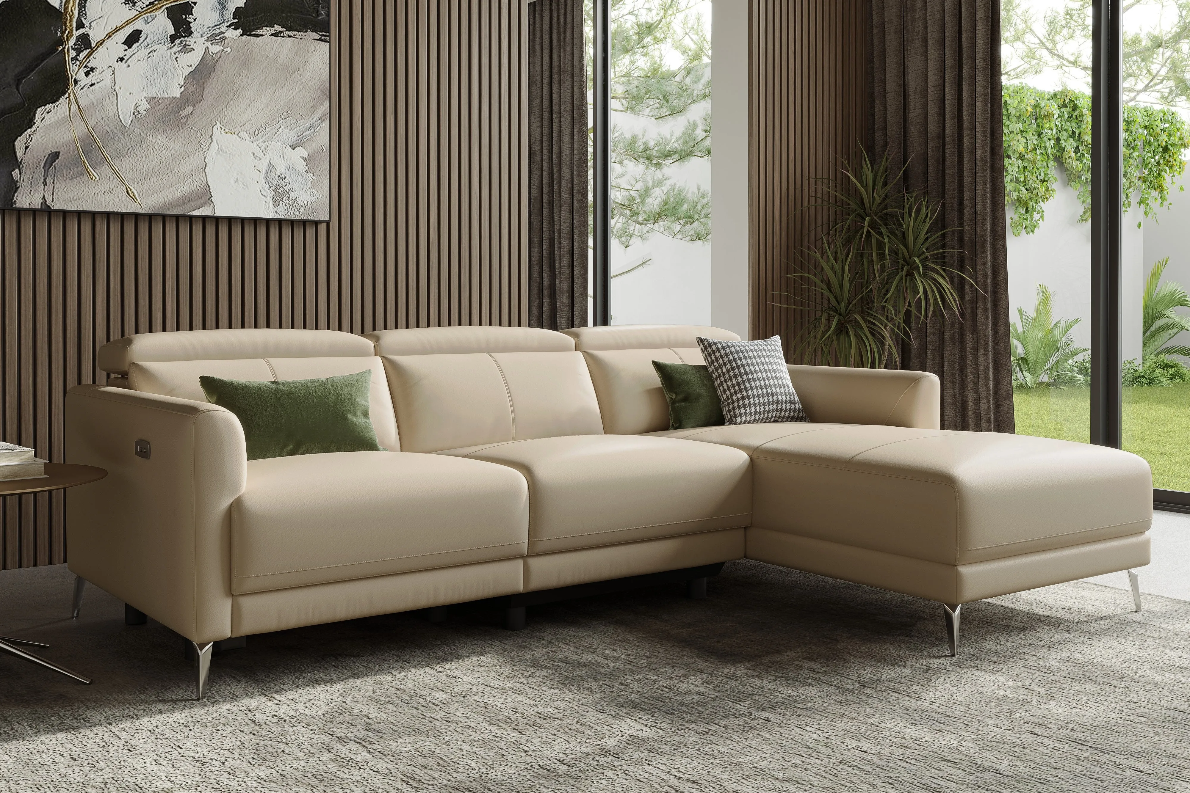 Valencia Andria Modern Right Hand Facing Top Grain Leather Reclining Sectional Sofa, Beige Color