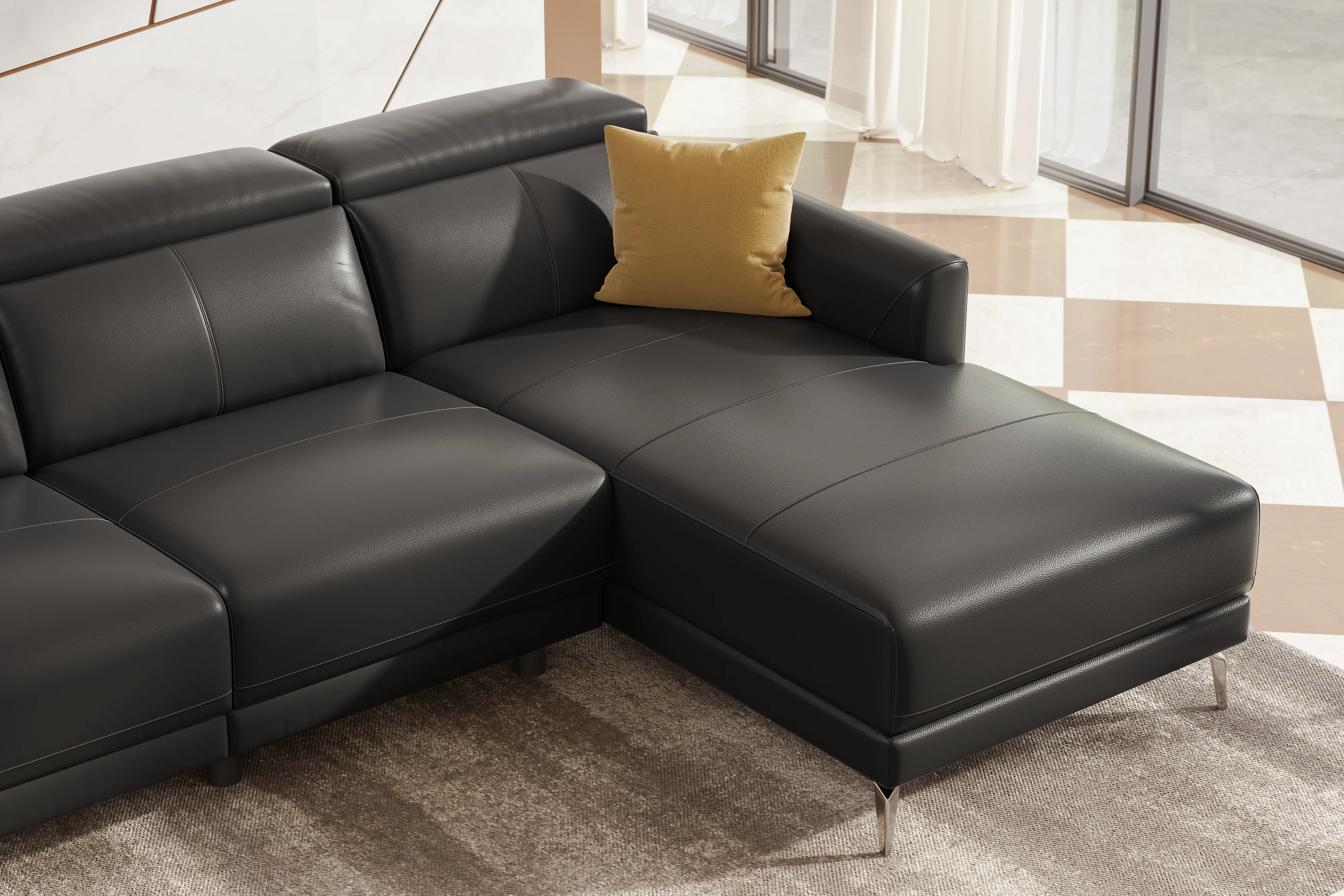 Valencia Andria Modern Right Hand Facing Top Grain Leather Reclining Sectional Sofa, Black Color