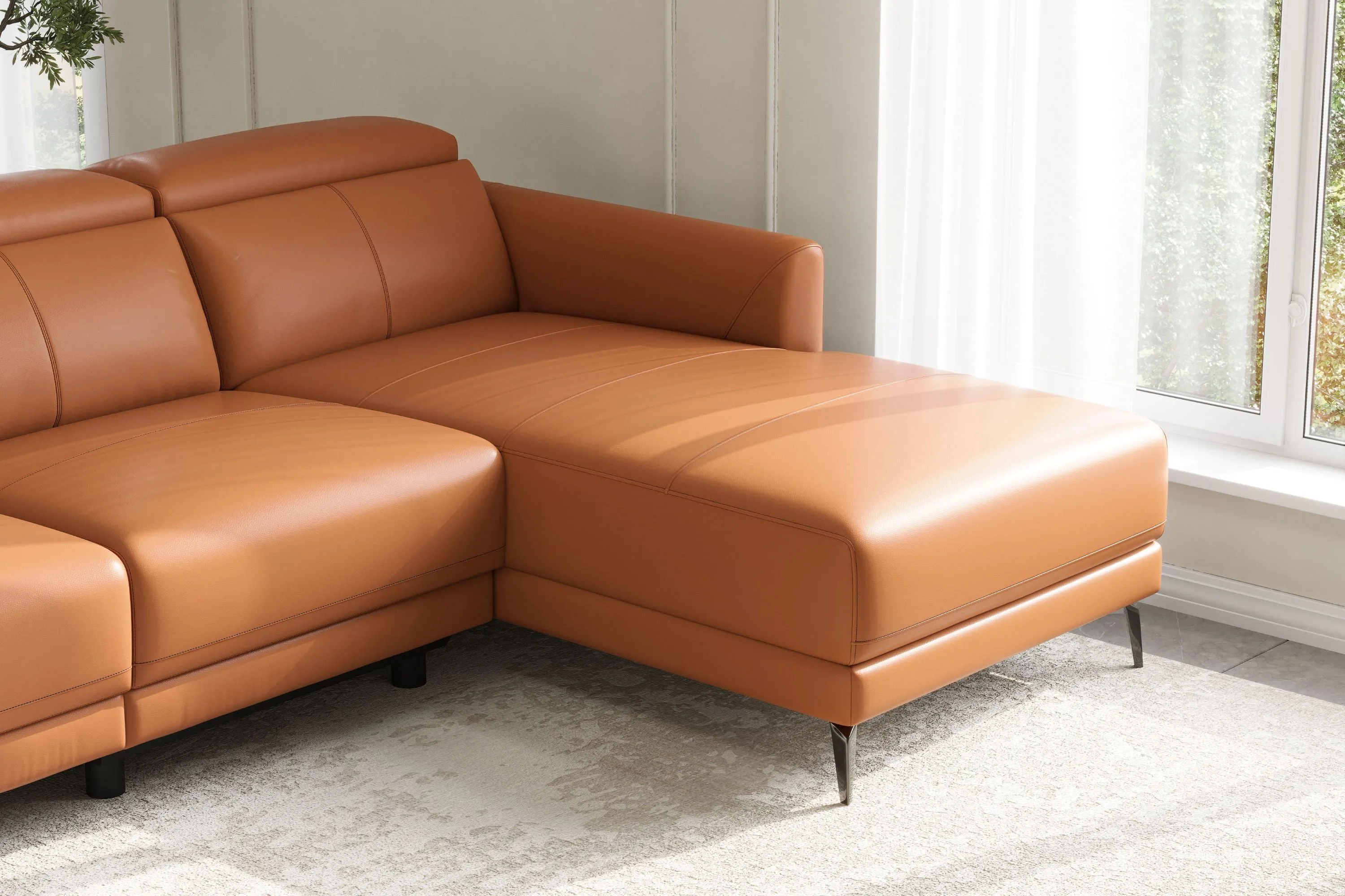 Valencia Andria Modern Right Hand Facing Top Grain Leather Reclining Sectional Sofa, Cognac Color