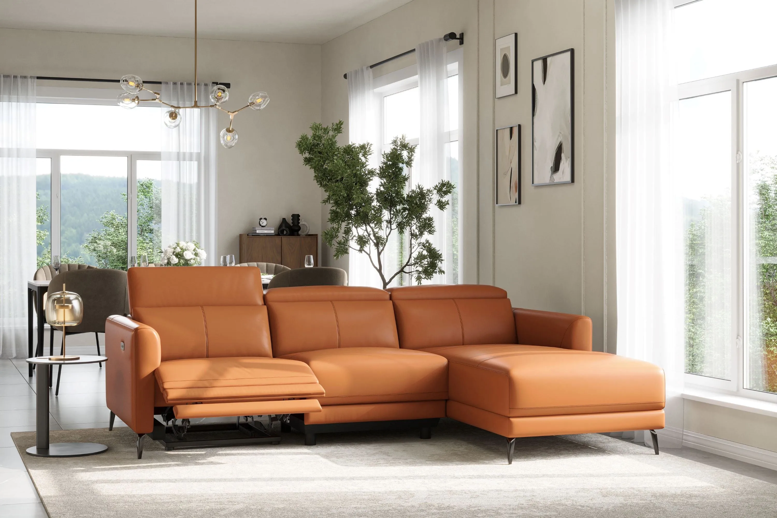 Valencia Andria Modern Right Hand Facing Top Grain Leather Reclining Sectional Sofa, Cognac Color