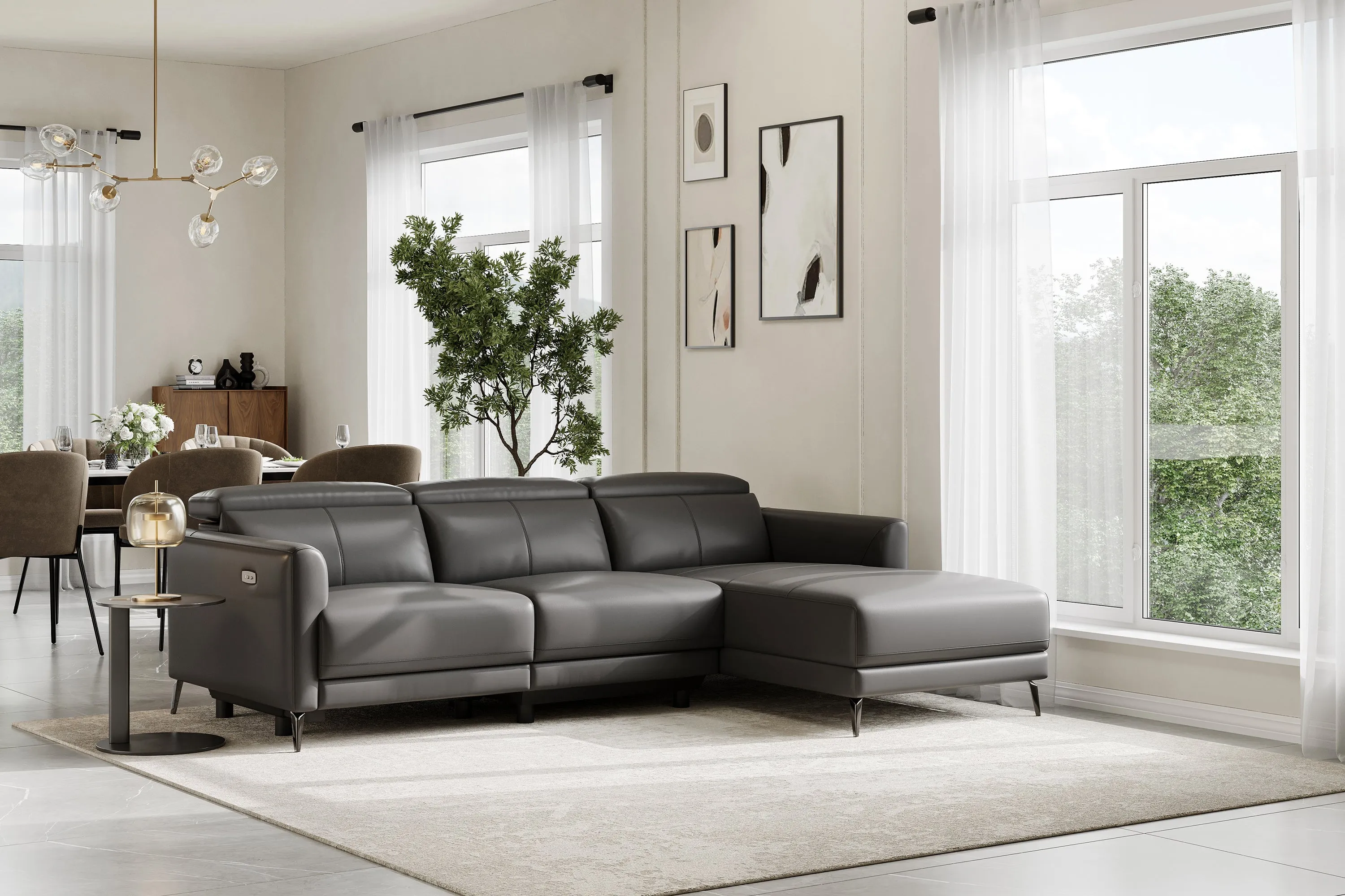 Valencia Andria Modern Right Hand Facing Top Grain Leather Reclining Sectional Sofa, Grey Color