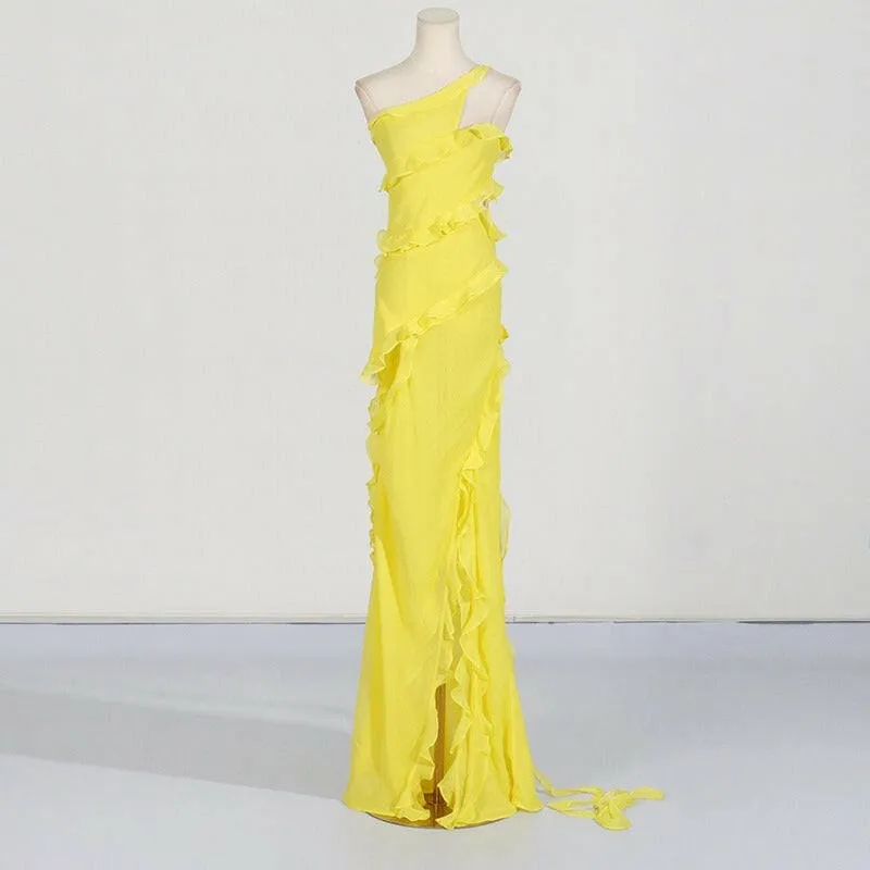 Vibrant Yellow Elegant Style Asymmetric Split Shoulder Long Dress