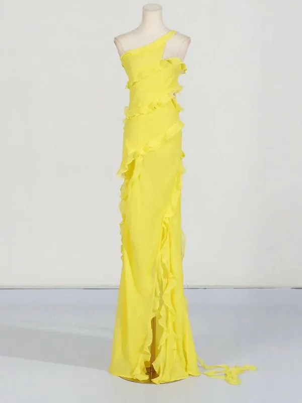 Vibrant Yellow Elegant Style Asymmetric Split Shoulder Long Dress