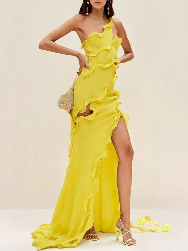 Vibrant Yellow Elegant Style Asymmetric Split Shoulder Long Dress