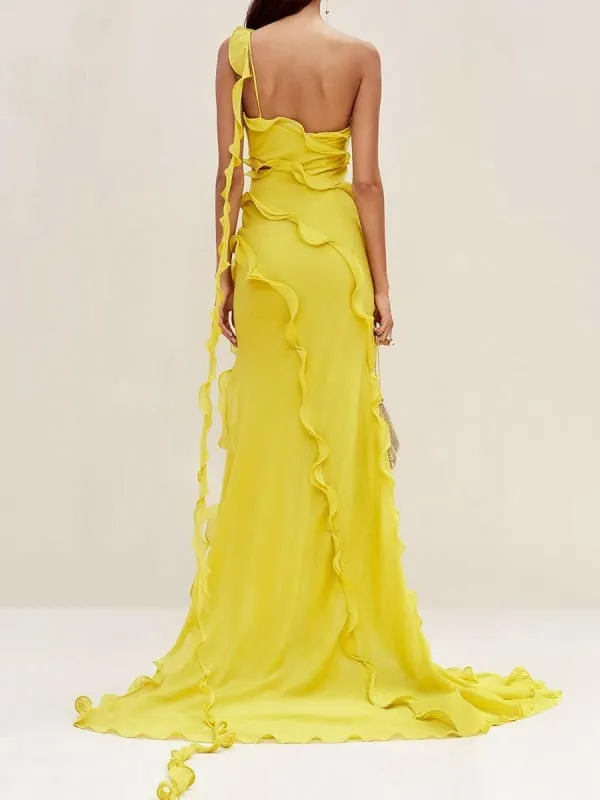 Vibrant Yellow Elegant Style Asymmetric Split Shoulder Long Dress