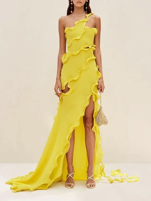 Vibrant Yellow Elegant Style Asymmetric Split Shoulder Long Dress