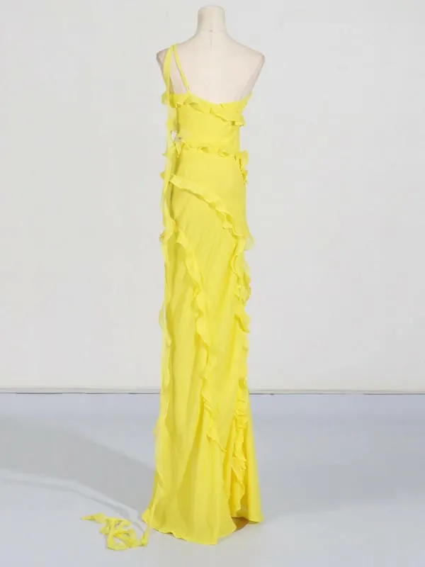 Vibrant Yellow Elegant Style Asymmetric Split Shoulder Long Dress