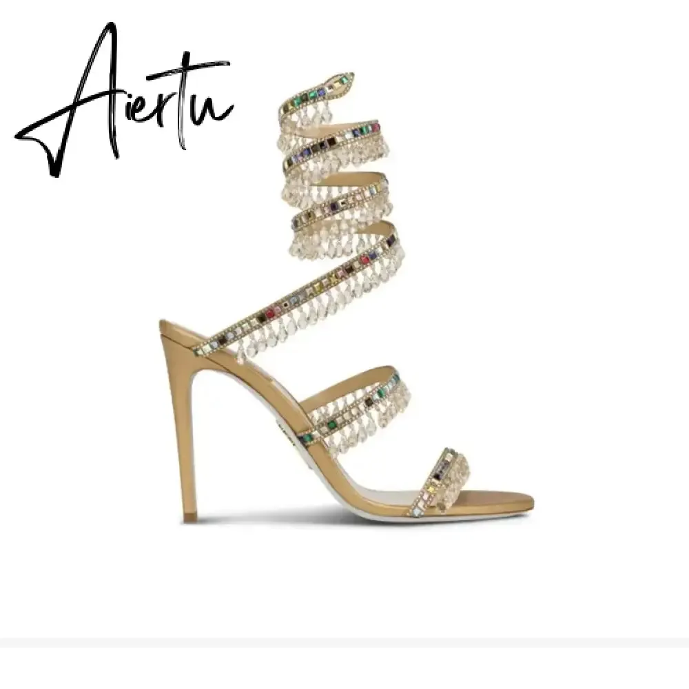 Wedding Fairy Wind Quality Women's Shoes Party Banquet Stiletto High-heel Sexy Snake Wrap Strap Luxury Rhinestone Ankle Sandals