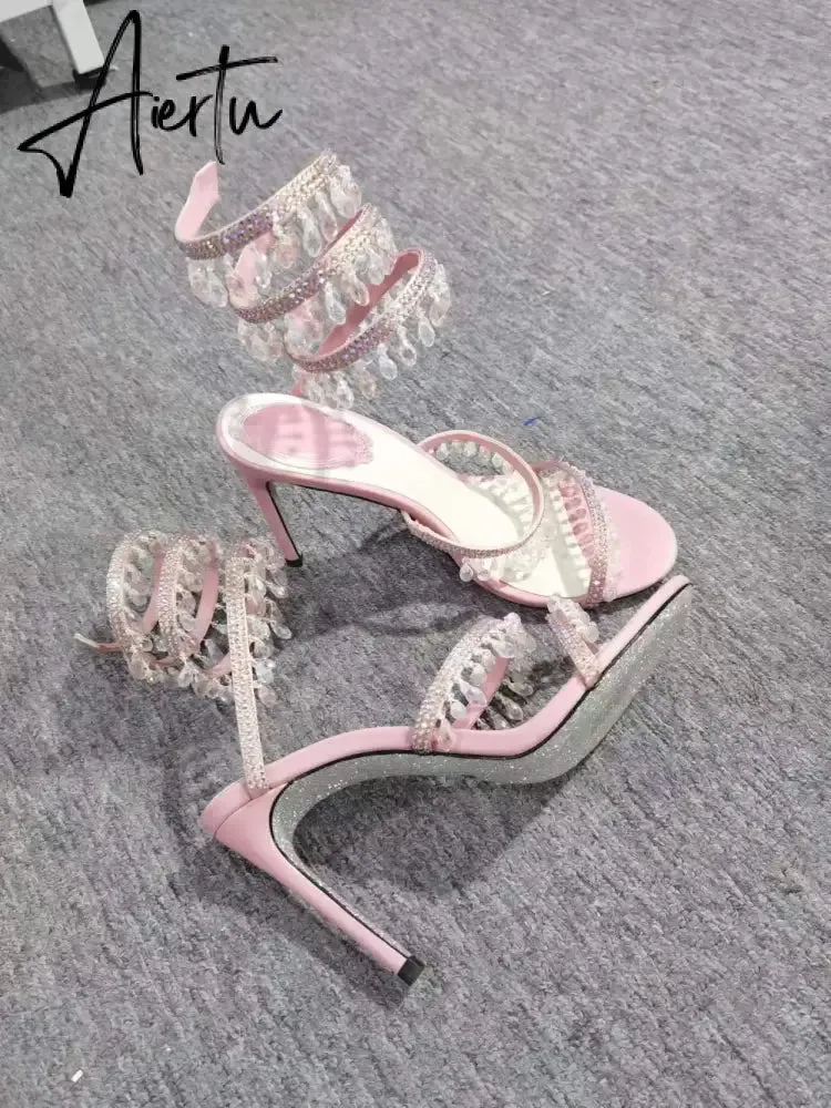 Wedding Fairy Wind Quality Women's Shoes Party Banquet Stiletto High-heel Sexy Snake Wrap Strap Luxury Rhinestone Ankle Sandals