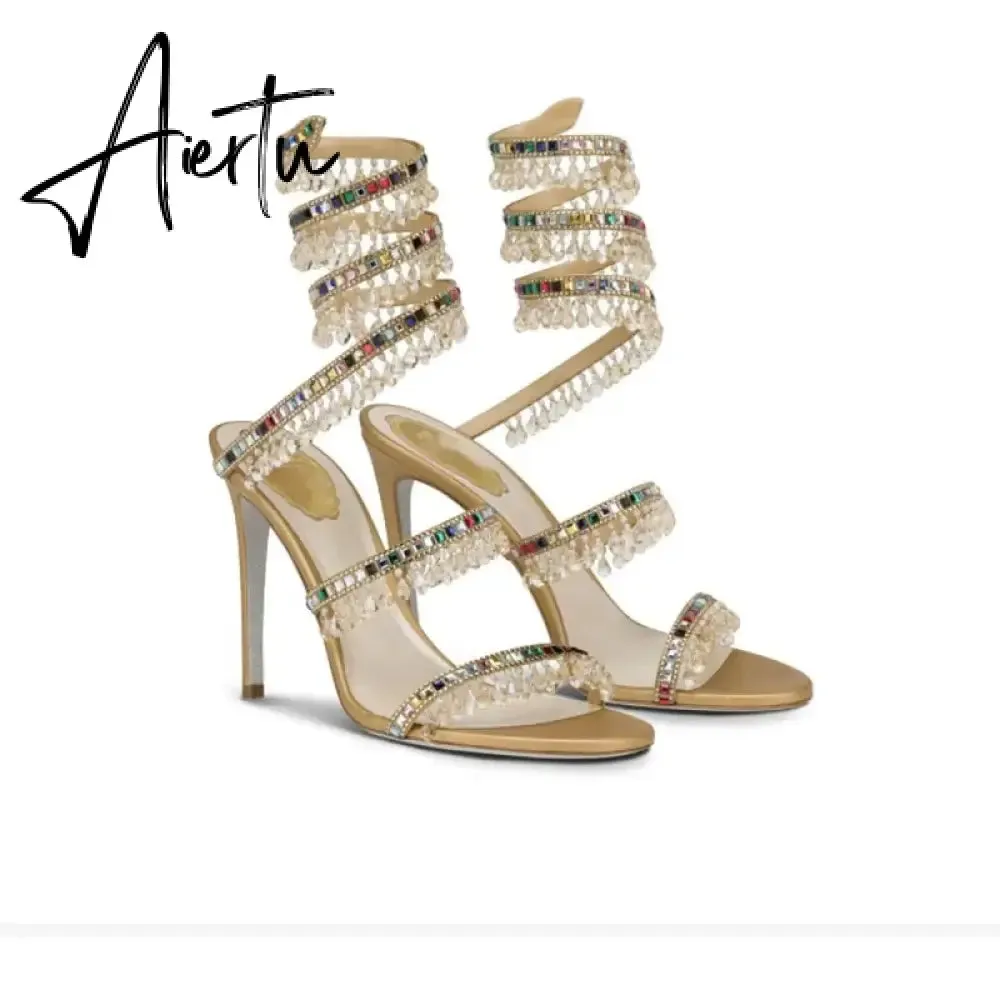 Wedding Fairy Wind Quality Women's Shoes Party Banquet Stiletto High-heel Sexy Snake Wrap Strap Luxury Rhinestone Ankle Sandals