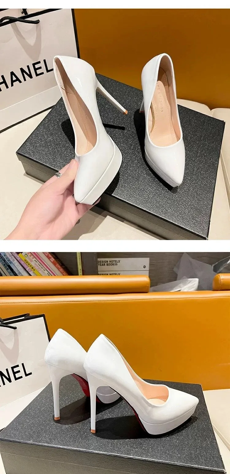 Wjczt Women Stiletto Shoes Wedding Bridal Classic High Heels 2023 Ladies Leather Platform Shoes Stiletto Nude Office Shoes Banquet