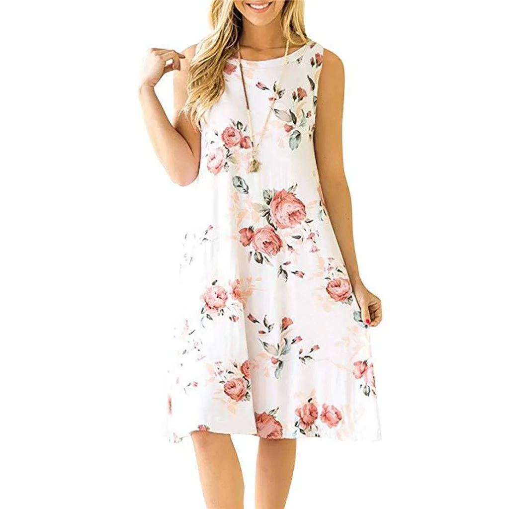 Woman Floral Print Sleeveless Tank Dress 