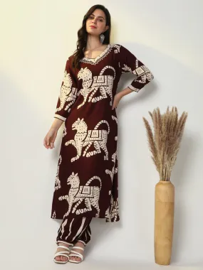 Women Burgundy Animal Print Straight Kurta Set