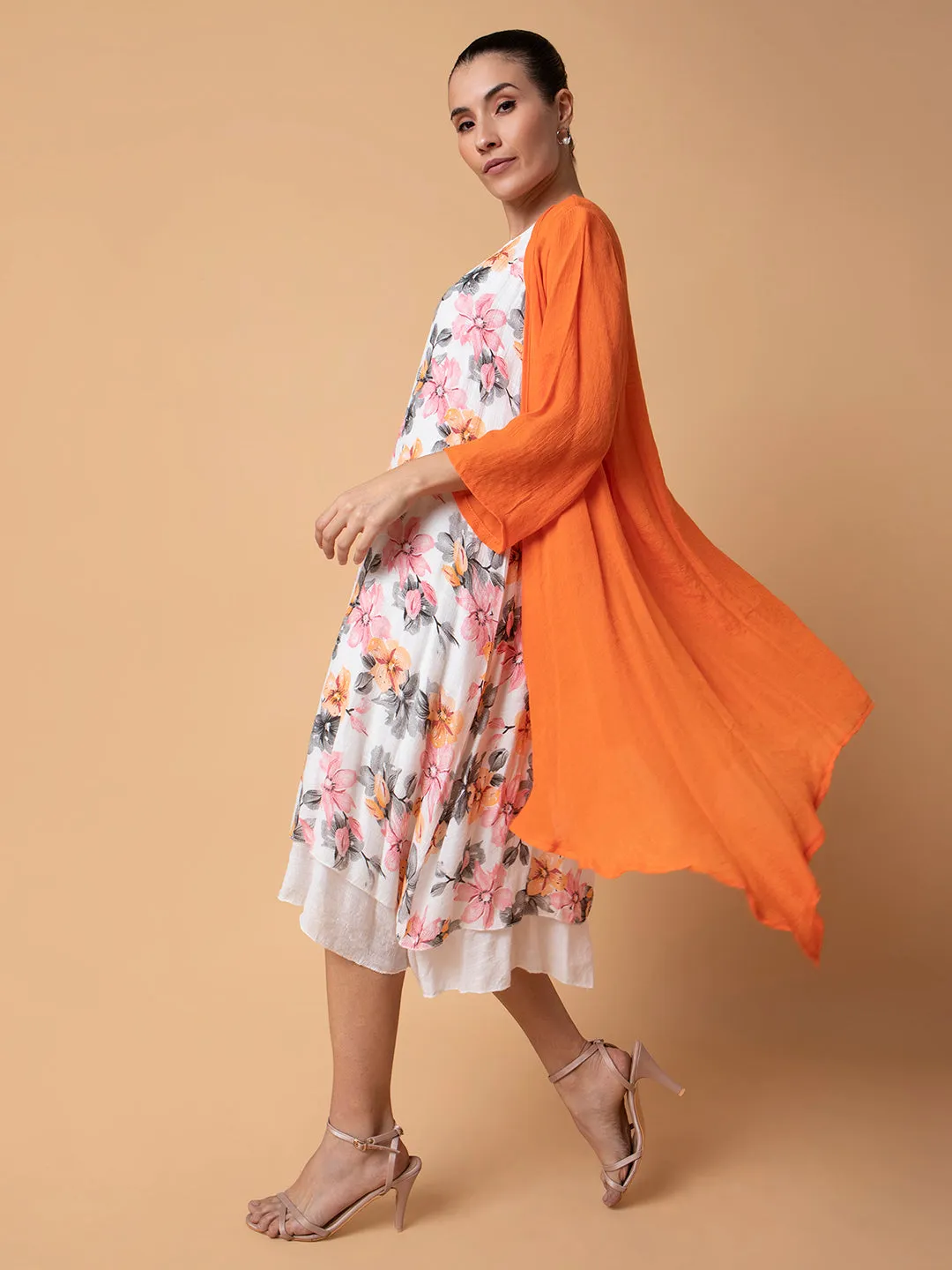 Women Floral Orange Midi A-Line Dress with shrug