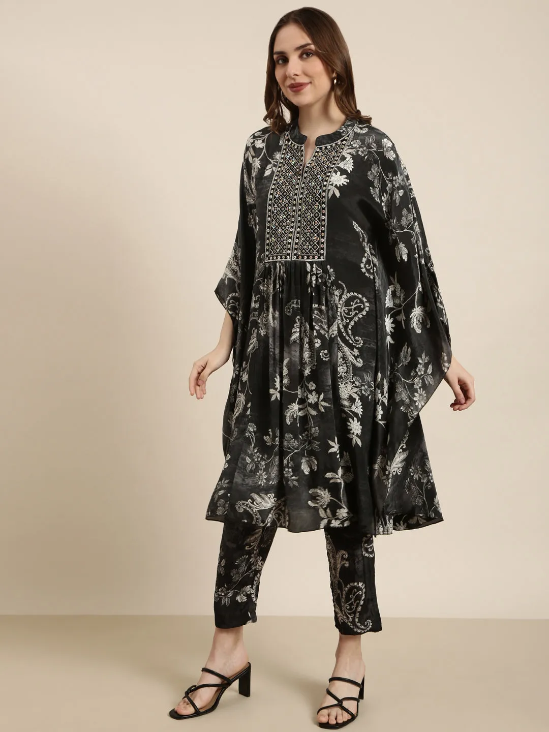 Women Kaftan Charcoal Ethnic Motifs Kurta and Trousers Set