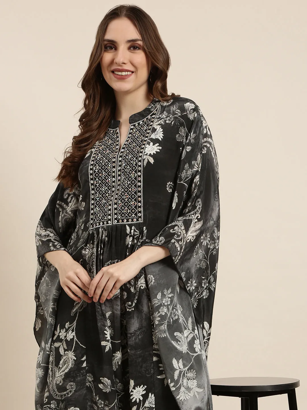 Women Kaftan Charcoal Ethnic Motifs Kurta and Trousers Set