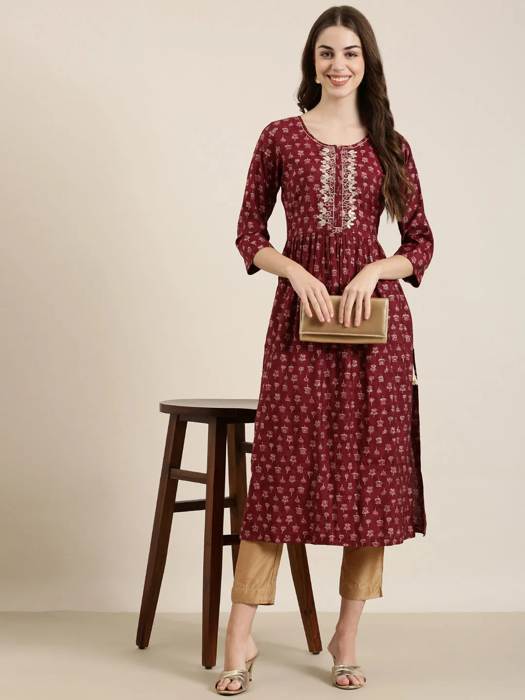 Women Maroon Floral A-Line Kurta