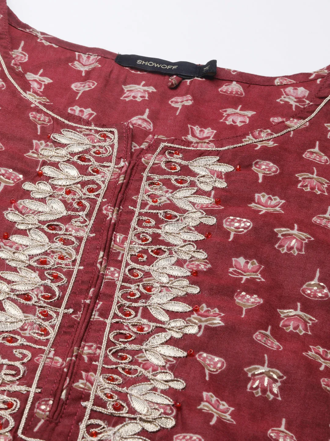 Women Maroon Floral A-Line Kurta