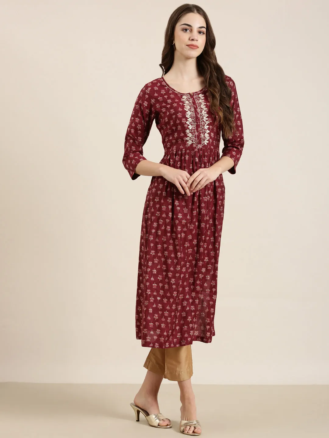 Women Maroon Floral A-Line Kurta