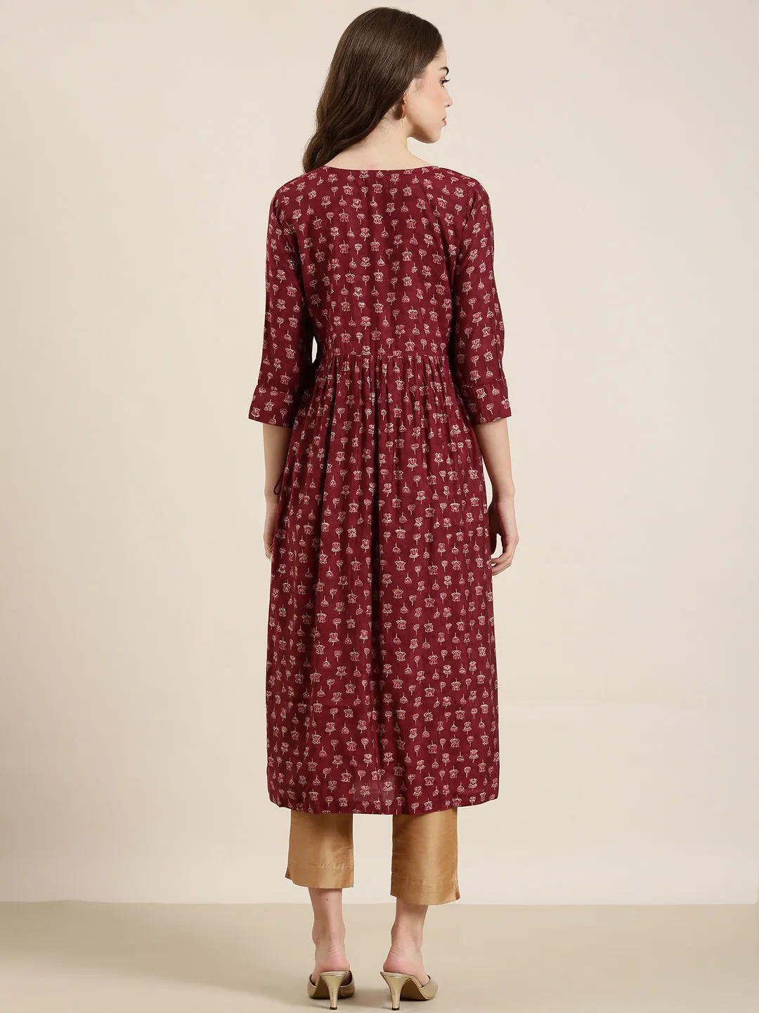 Women Maroon Floral A-Line Kurta