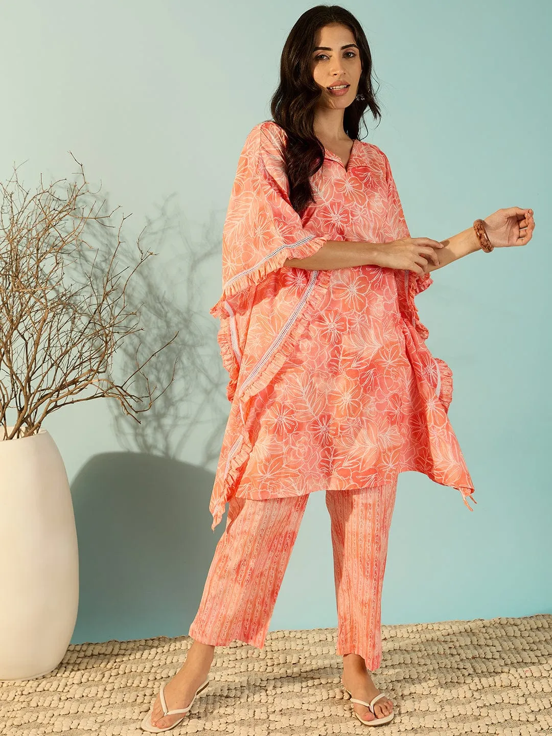 Women Peach Artisan Print Cotton Kaftan Style Co-Ord Set