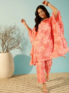 Women Peach Artisan Print Cotton Kaftan Style Co-Ord Set