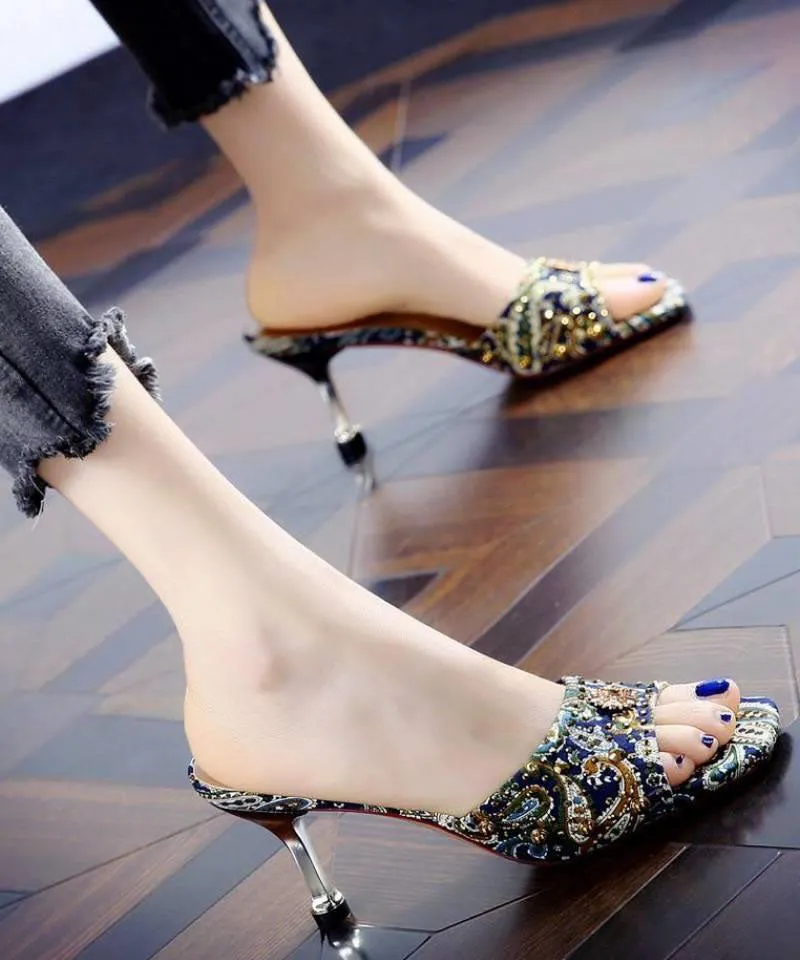 Women Peep Toe Stiletto Green Zircon High Heel Slippers