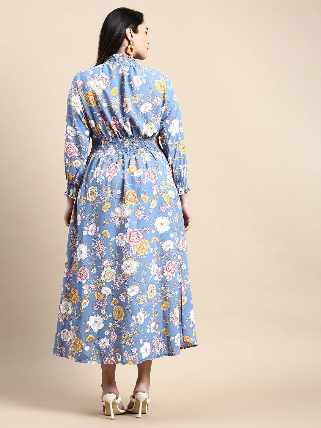 Women Puff Blue Floral Fit and Flare Dress