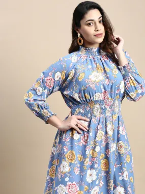 Women Puff Blue Floral Fit and Flare Dress