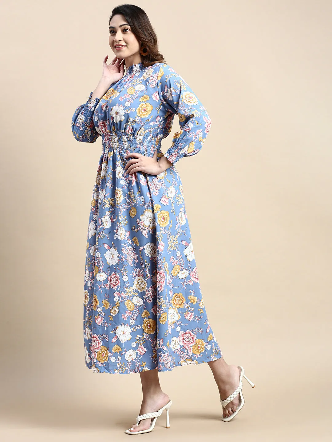 Women Puff Blue Floral Fit and Flare Dress