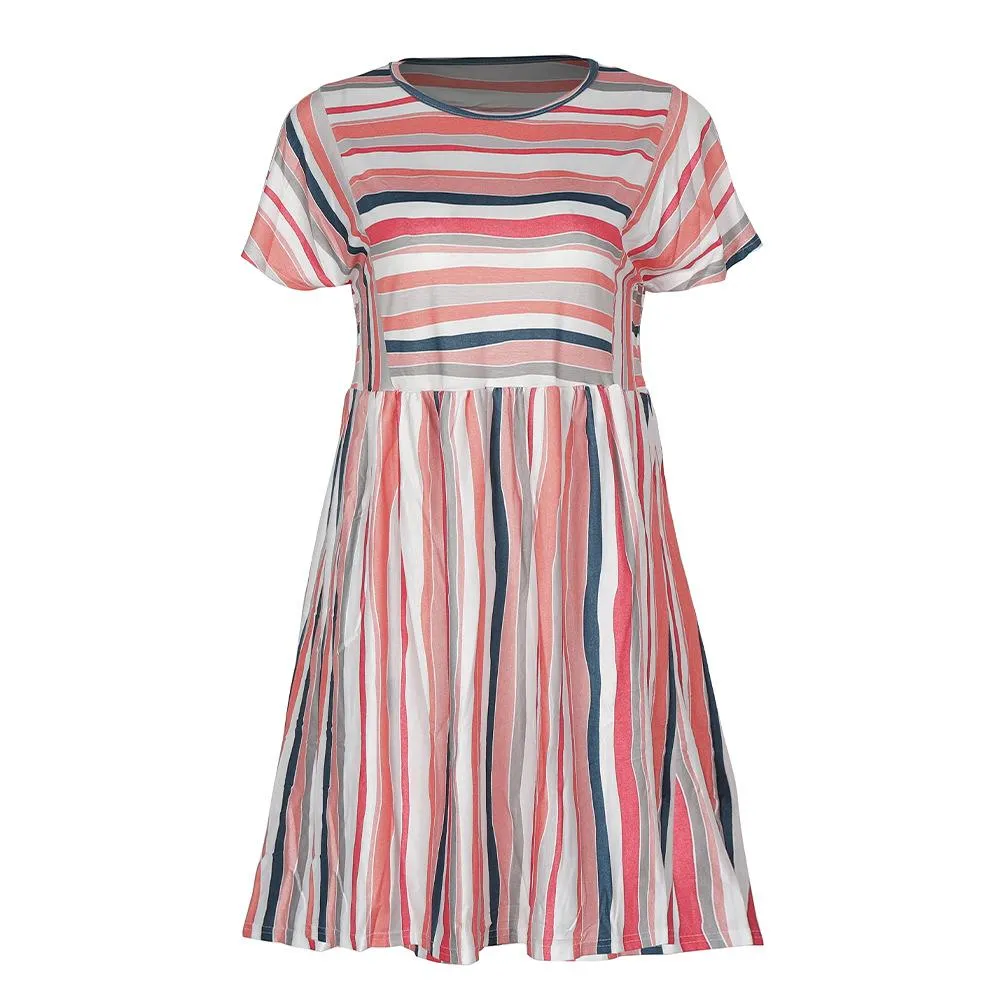 Women Round Neck Stripe Panel Mini Plus Size Dress