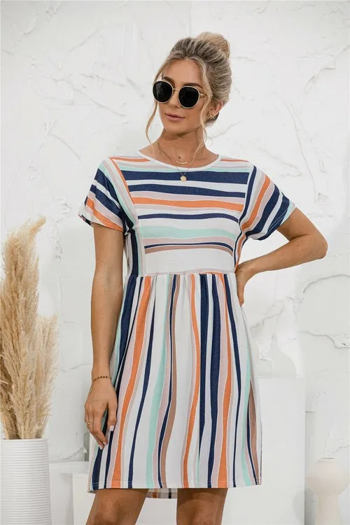 Women Round Neck Stripe Panel Mini Plus Size Dress