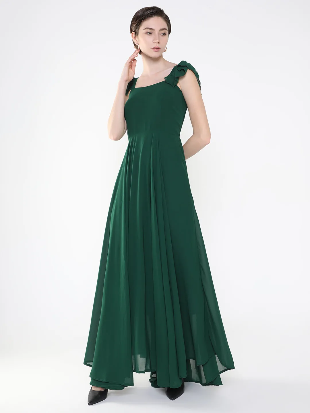 Women Solid Green Maxi Fit and Flare Dress