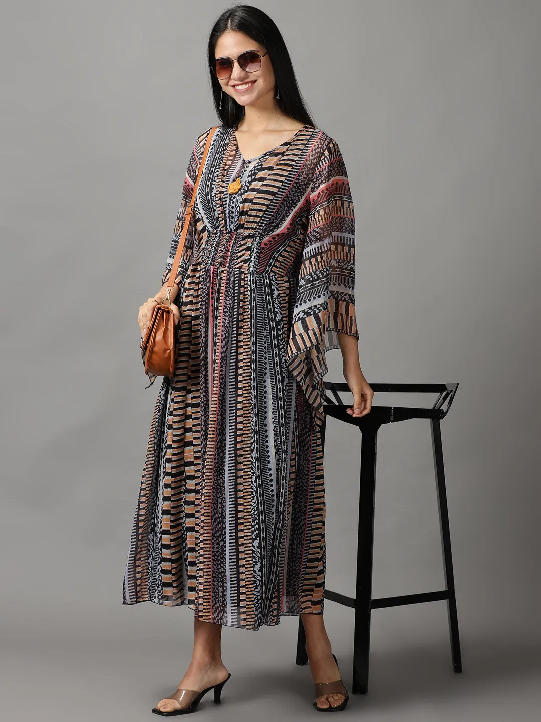 Women's Black Printed Kaftan Dress