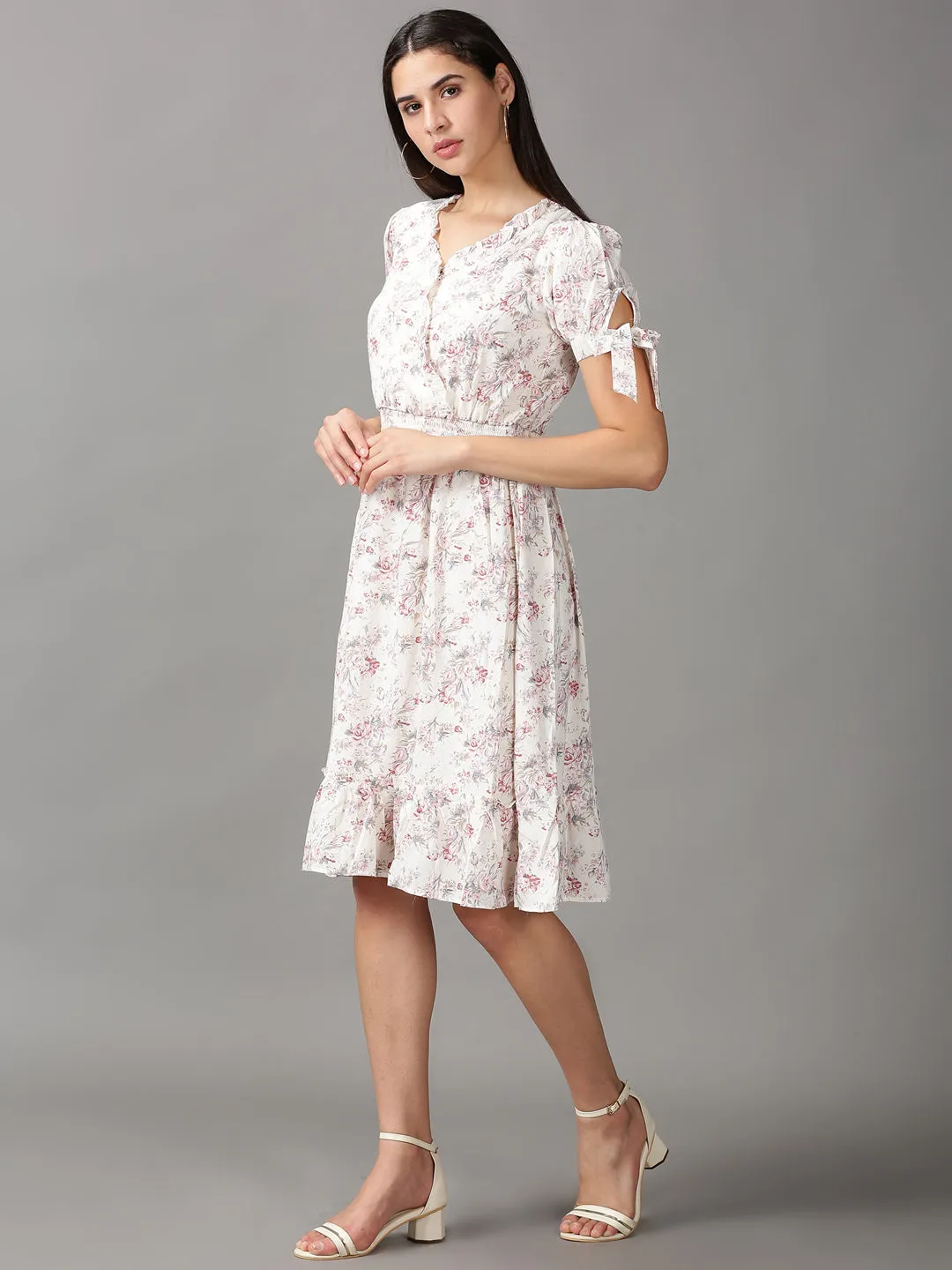 Women's CreamPink Floral Fit and Flare Dress