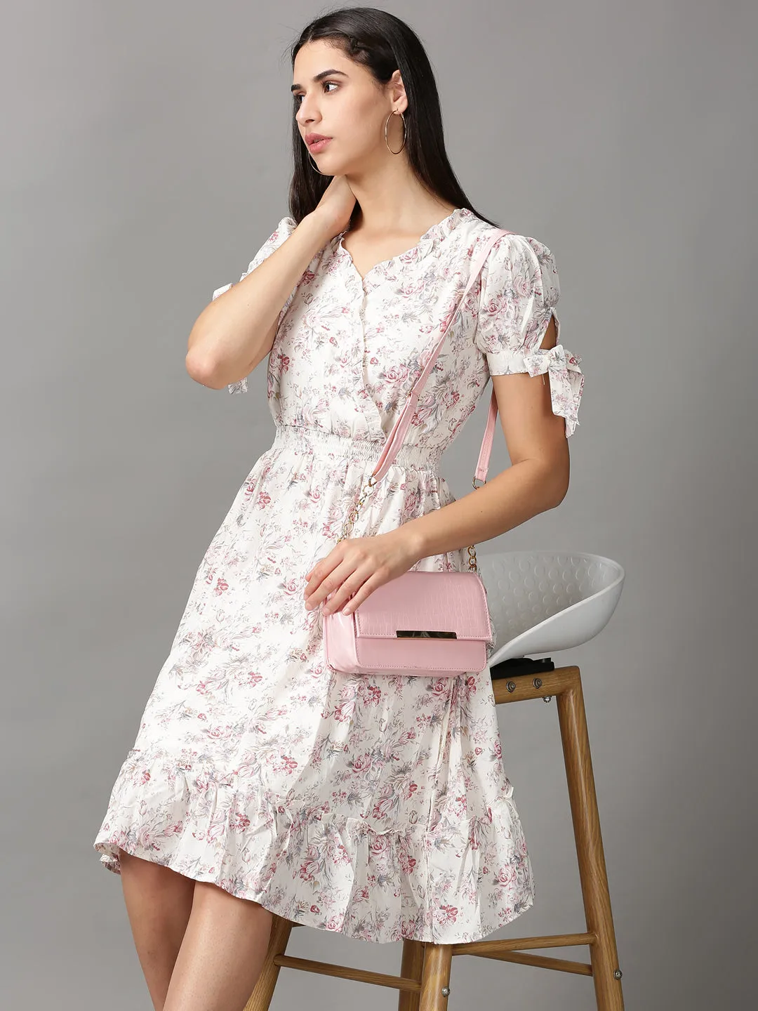 Women's CreamPink Floral Fit and Flare Dress