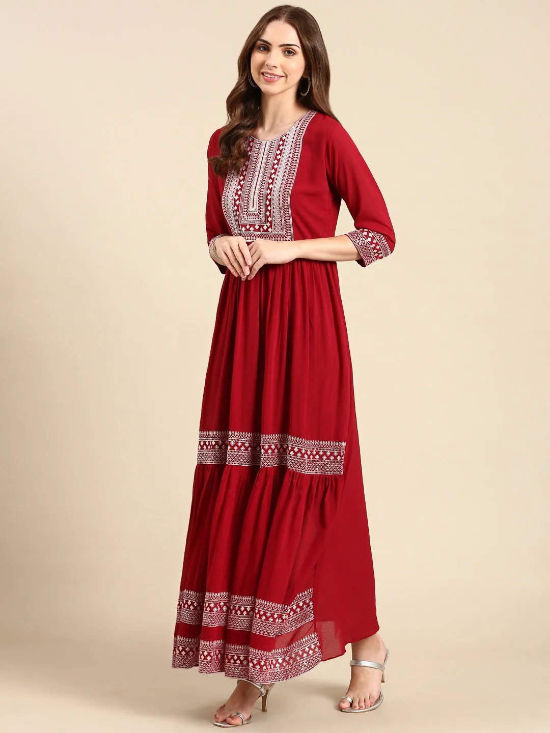 Women's Maroon Embellished Anarkali Kurta