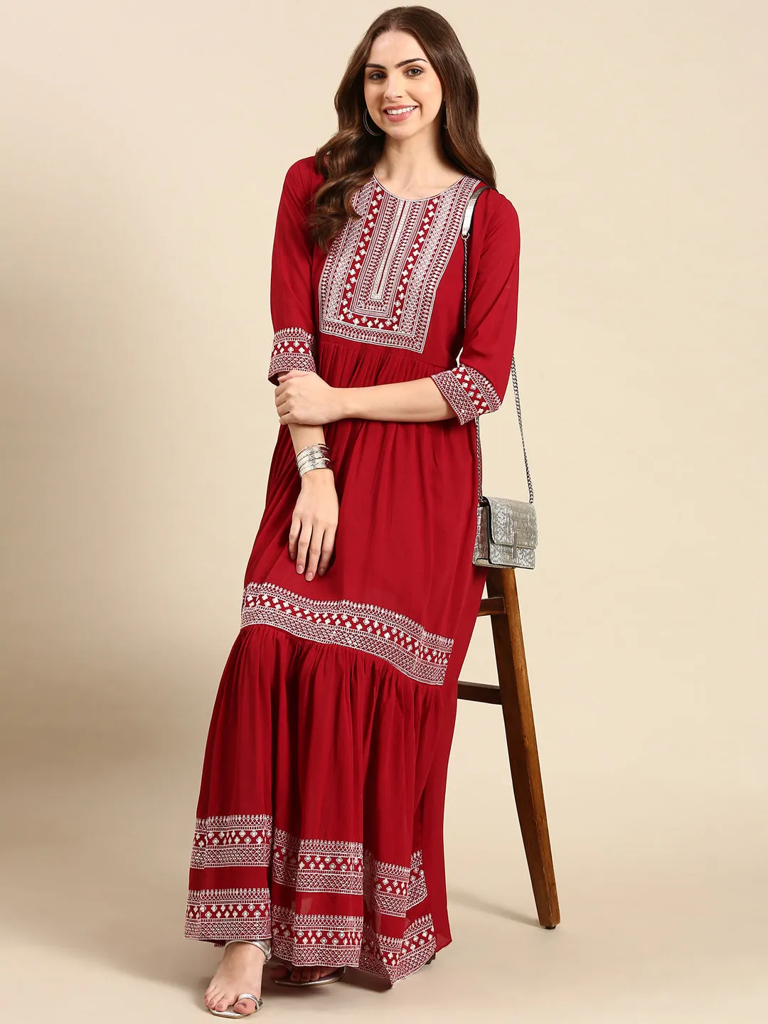 Women's Maroon Embellished Anarkali Kurta