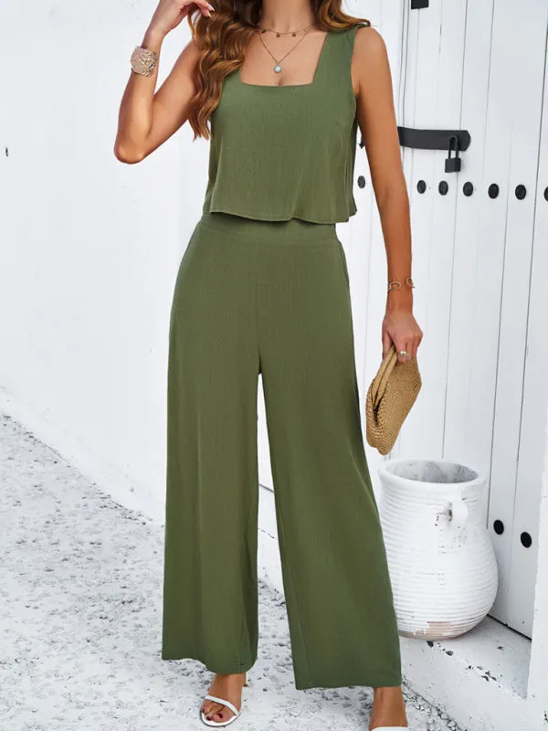 Women's Square Neck Sleeveless Top And Matching Wide Leg Trousers