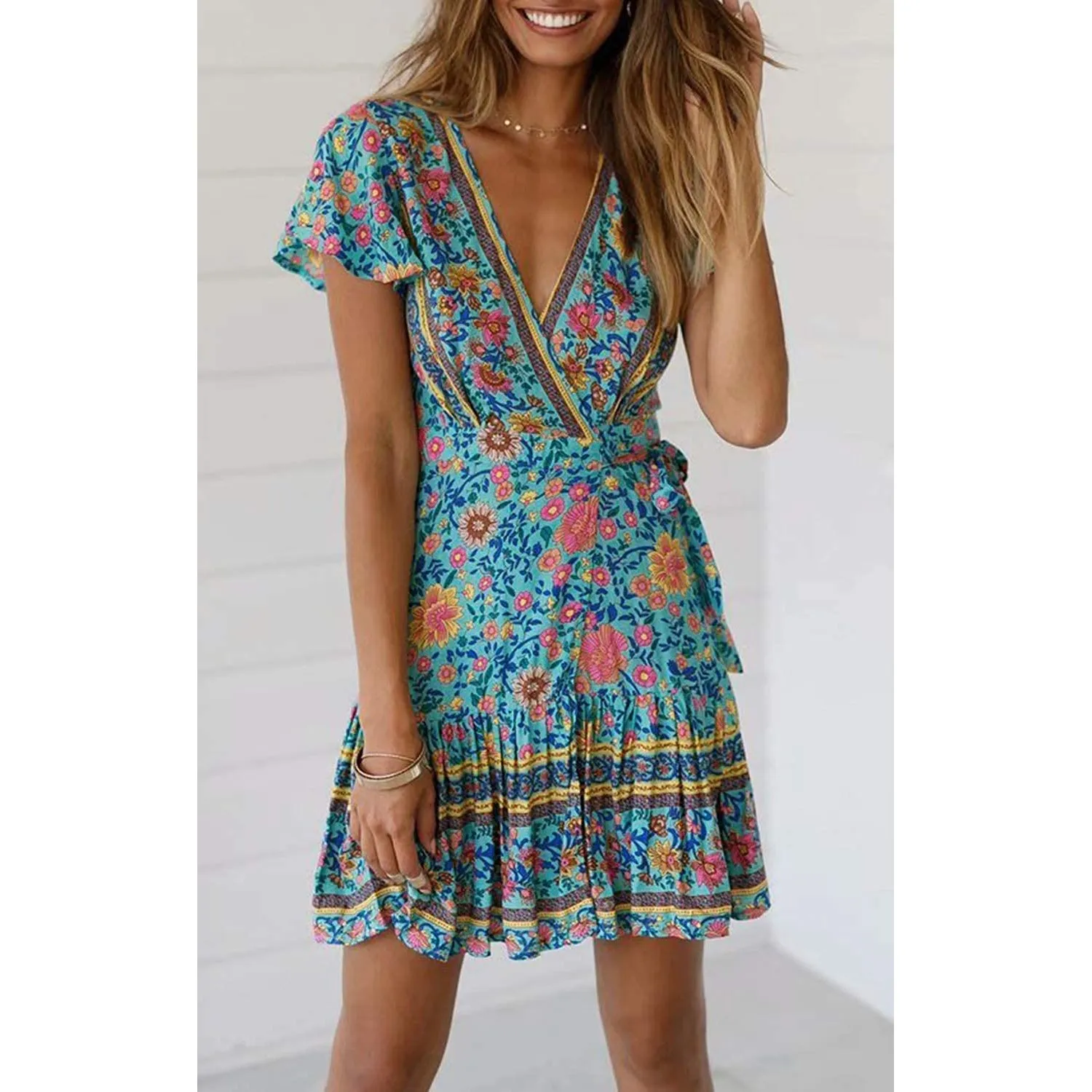 Women's Summer Wrap V Neck Bohemian Floral Print Mini Dress