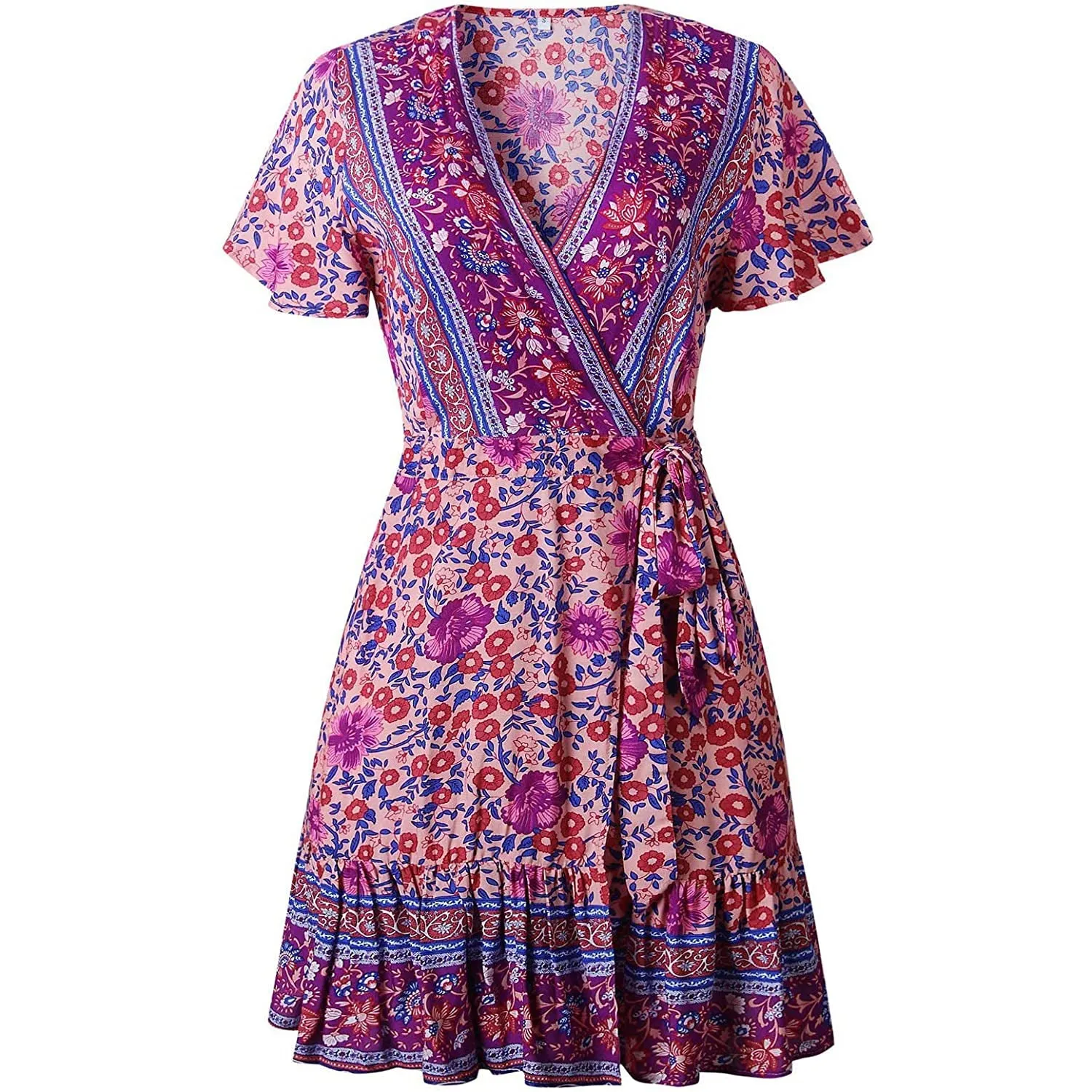 Women's Summer Wrap V Neck Bohemian Floral Print Mini Dress