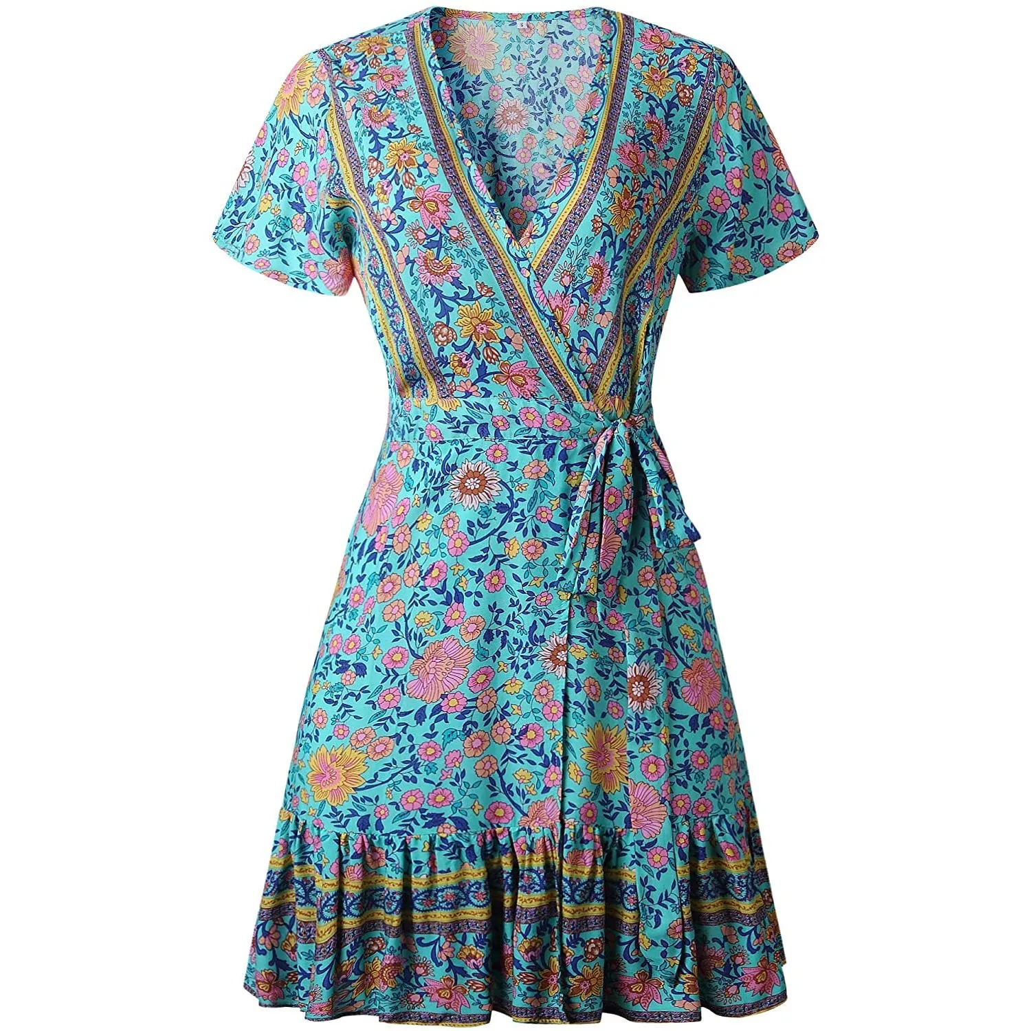 Women's Summer Wrap V Neck Bohemian Floral Print Mini Dress