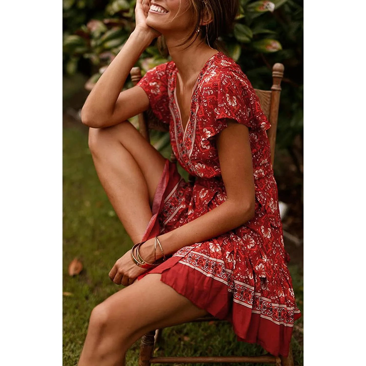 Women's Summer Wrap V Neck Bohemian Floral Print Mini Dress