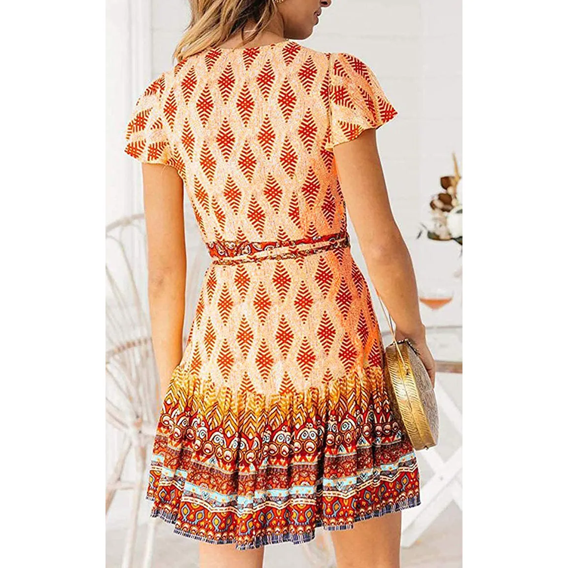 Women's Summer Wrap V Neck Bohemian Floral Print Mini Dress