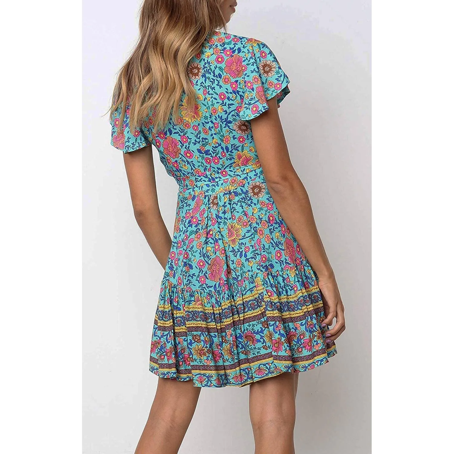 Women's Summer Wrap V Neck Bohemian Floral Print Mini Dress