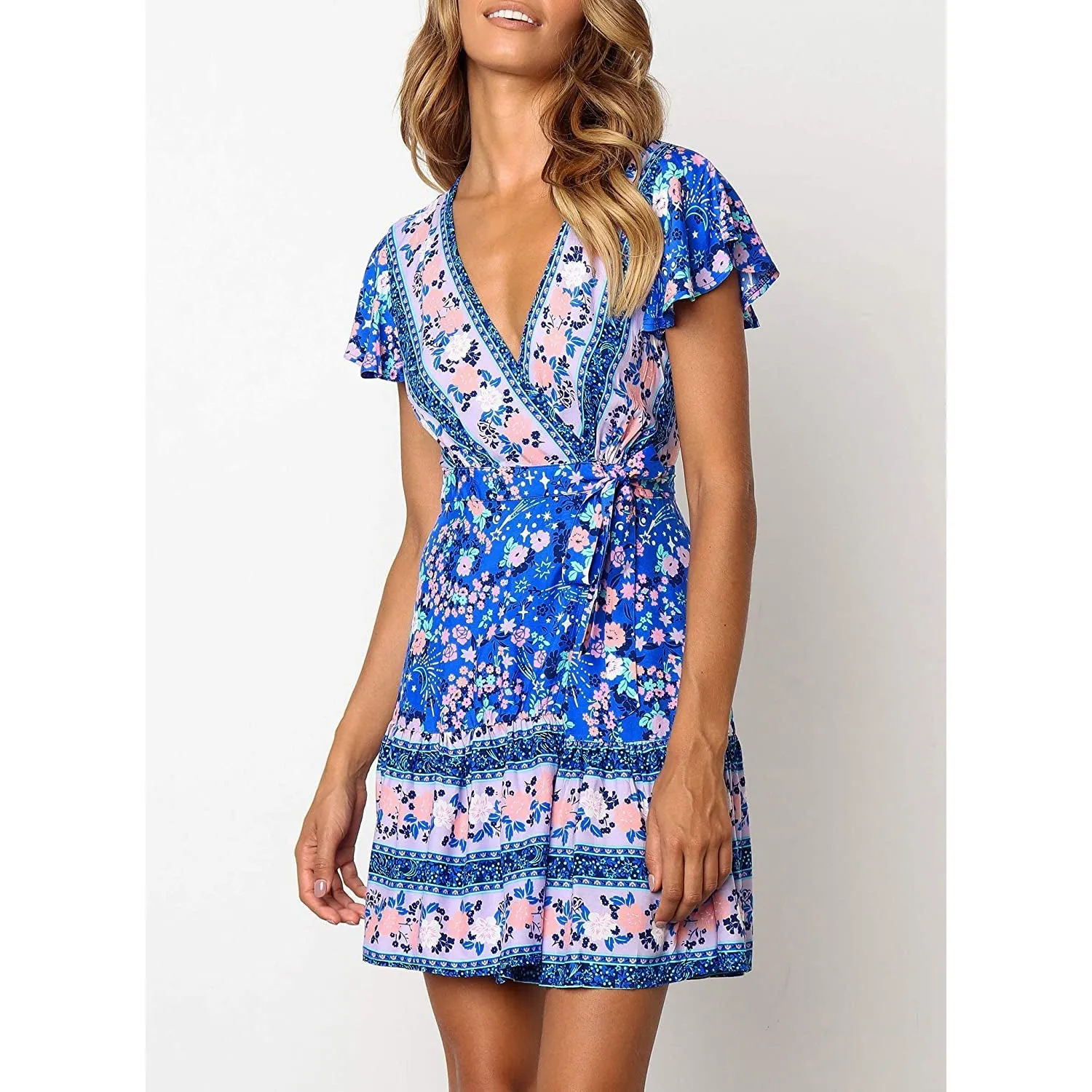 Women's Summer Wrap V Neck Bohemian Floral Print Mini Dress