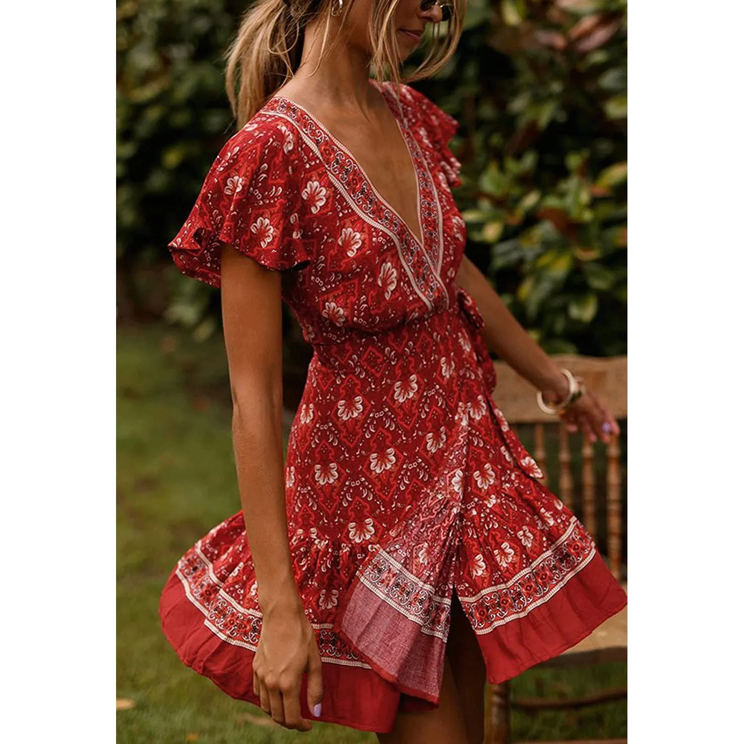 Women's Summer Wrap V Neck Bohemian Floral Print Mini Dress