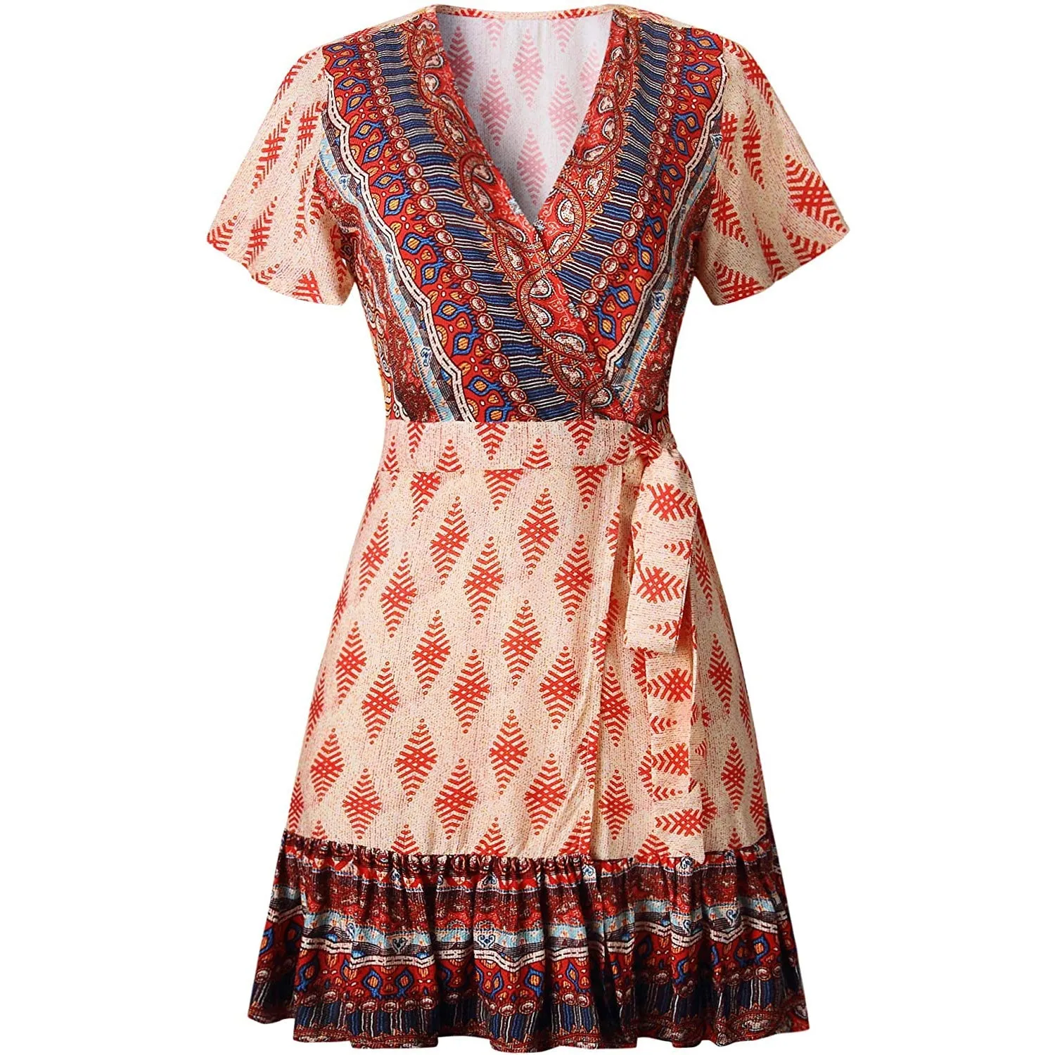 Women's Summer Wrap V Neck Bohemian Floral Print Mini Dress