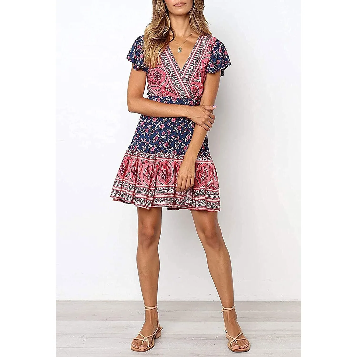 Women's Summer Wrap V Neck Bohemian Floral Print Mini Dress